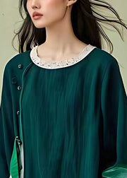 Loose Green Hollow Out Patchwork Cotton Top Flare Sleeve