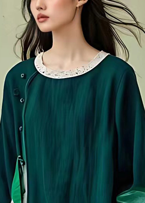 Loose Green Hollow Out Patchwork Cotton Top Flare Sleeve