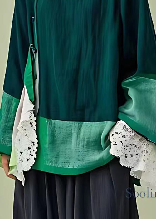 Loose Green Hollow Out Patchwork Cotton Top Flare Sleeve