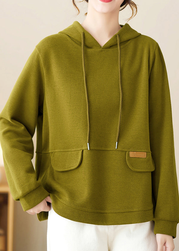 Loose Green Hooded Patchwork Cotton Pullover Streetwear Fall