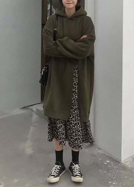 Loose Green Hooded Patchwork Leopard False Two Pieces Warm Fleece Dress Long Sleeve