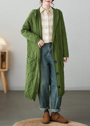 Loose Green Hooded Pockets Patchwork Knit Cardigan Coat Fall