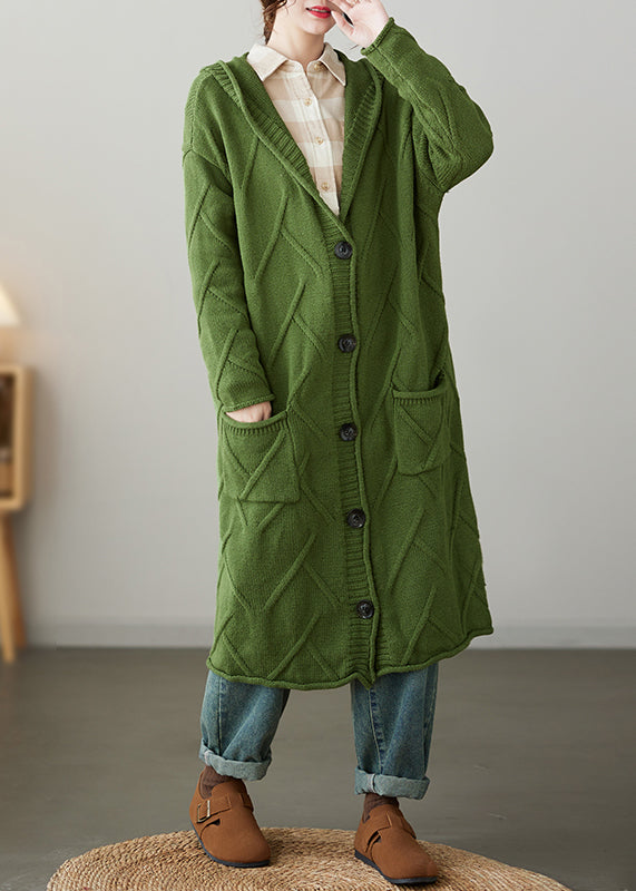 Loose Green Hooded Pockets Patchwork Knit Cardigan Coat Fall