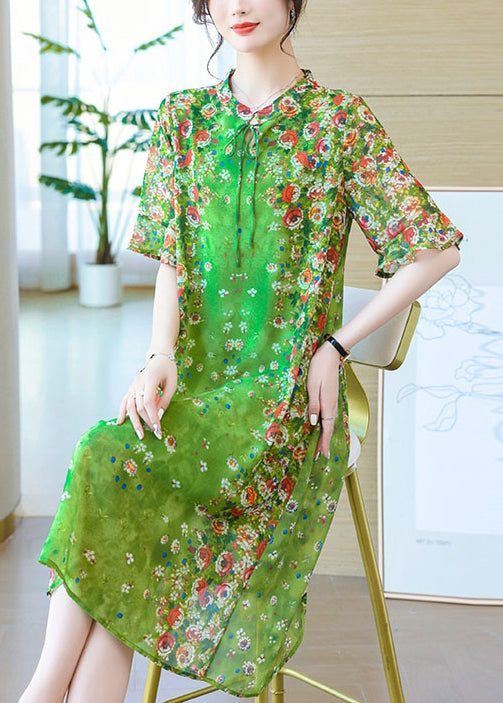 Loose Green Lace Up Print Silk Long Dresses Summer