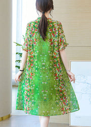 Loose Green Lace Up Print Silk Long Dresses Summer