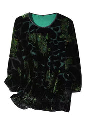 Loose Green O Neck Jacquard Patchwork Velour T Shirt Top Fall