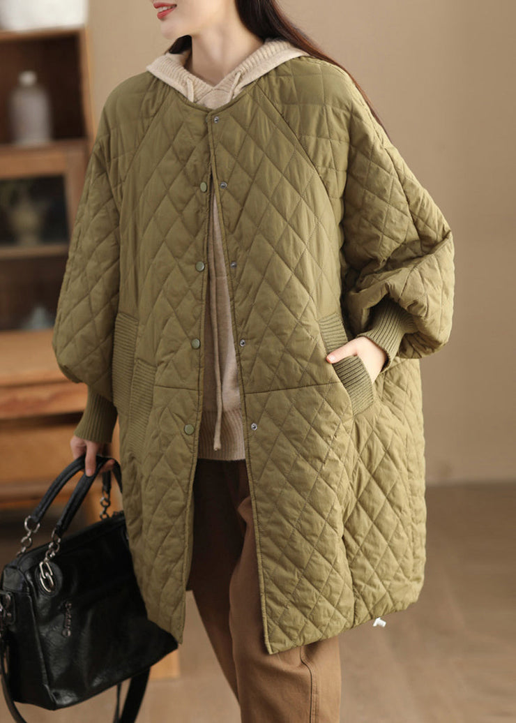 Loose Green O Neck Pockets Fine Cotton Filled Coat Winter