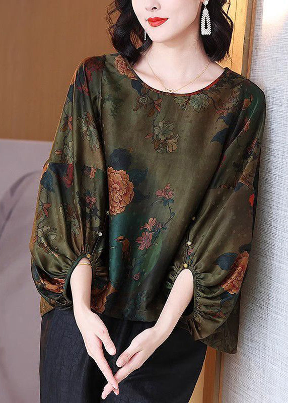 Loose Green O-Neck Print Silk Shirt Bracelet Sleeve