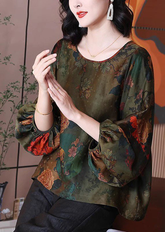 Loose Green O-Neck Print Silk Shirt Bracelet Sleeve