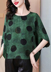 Loose Green O Neck Print Silk Shirts Batwing Sleeve