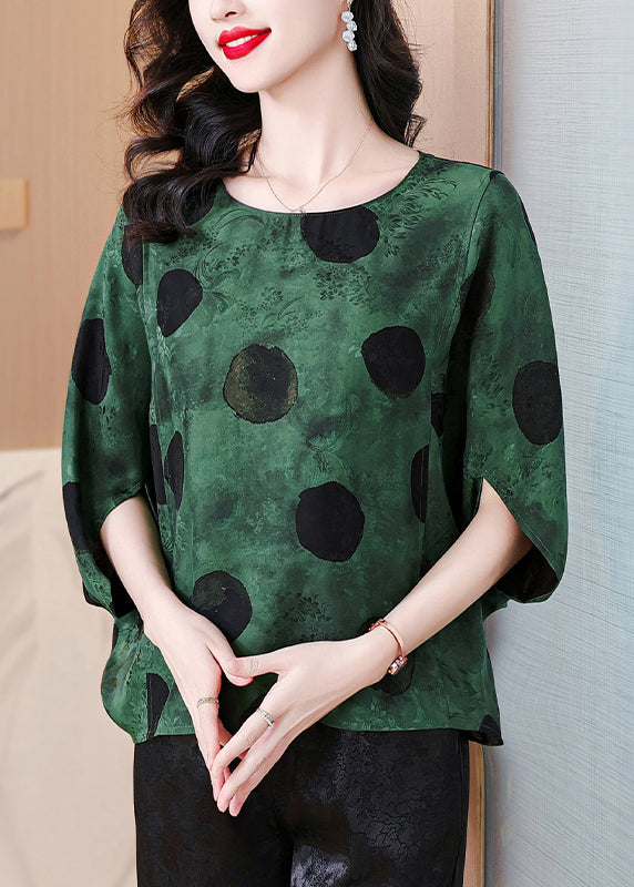 Loose Green O Neck Print Silk Shirts Batwing Sleeve