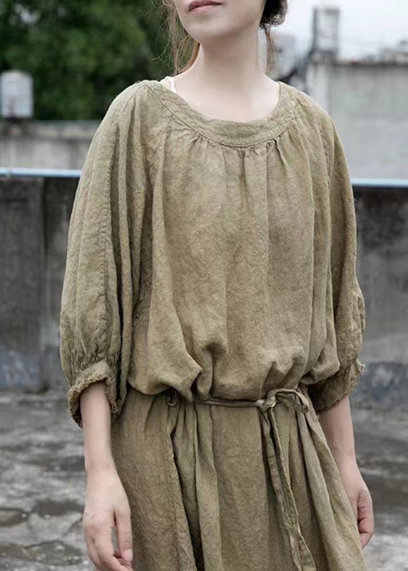 Loose Green O Neck Tie Waist Linen Dress Half Sleeve