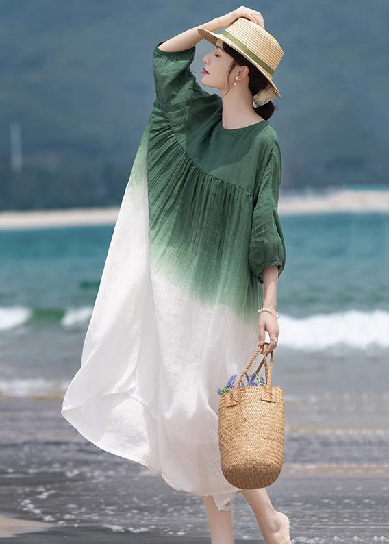 Loose Green O-Neck Wrinkled Patchwork Cotton Dress Half Sleeve