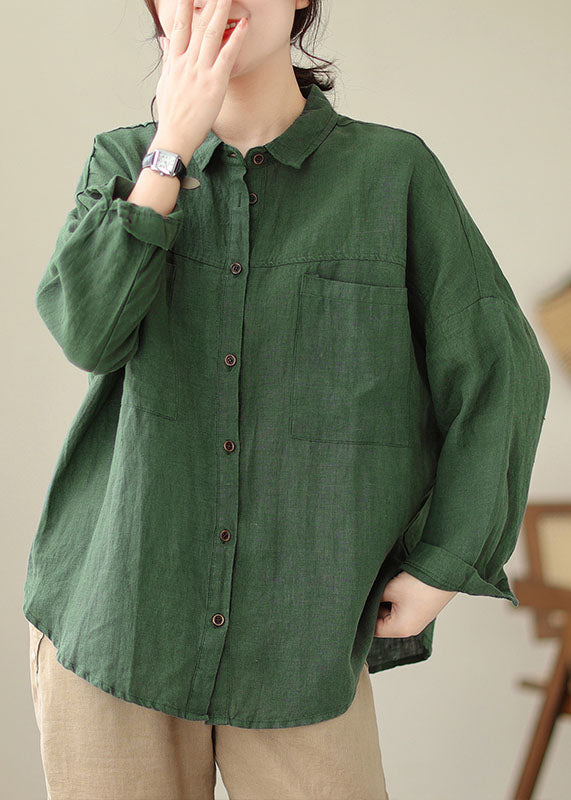 Loose Green Patchwork Button Pockets Shirts Long Sleeve