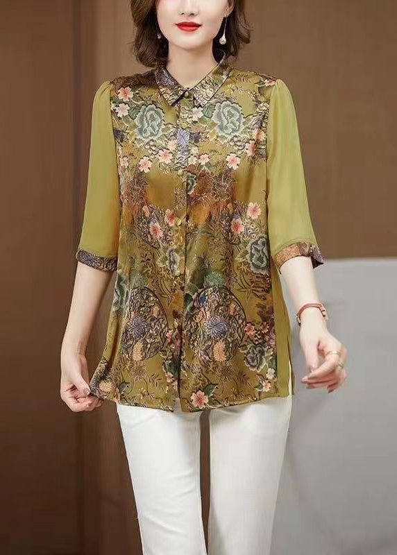 Loose Green Peter Pan Collar Print Silk Blouses Half Sleeve