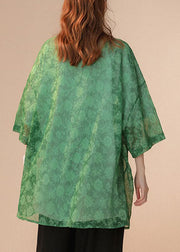 Loose Green Peter Pan Collar Print Tulle Shirts Half Sleeve