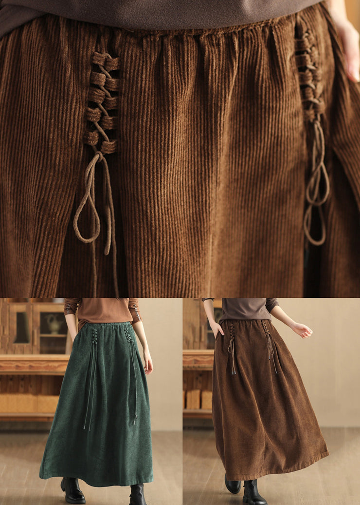 Loose Green Pockets Elastic Waist Corduroy Skirts Spring