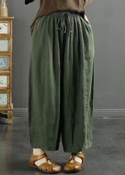 Loose Green Pockets Elastic Waist Linen Crop Pants Summer