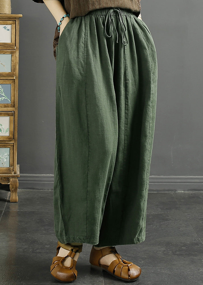 Loose Green Pockets Elastic Waist Linen Crop Pants Summer