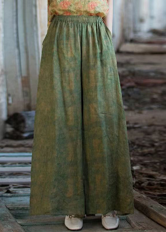 Loose Green Pockets Elastic Waist Linen Wide Leg Pants Summer