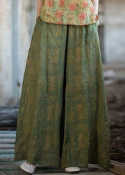 Loose Green Pockets Elastic Waist Linen Wide Leg Pants Summer