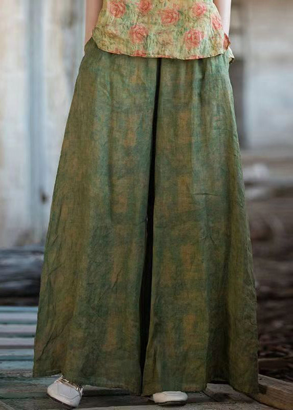 Loose Green Pockets Elastic Waist Linen Wide Leg Pants Summer