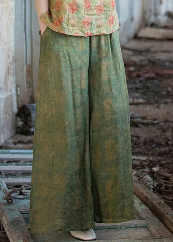 Loose Green Pockets Elastic Waist Linen Wide Leg Pants Summer