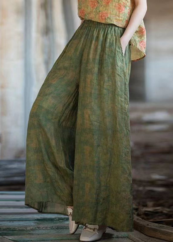 Loose Green Pockets Elastic Waist Linen Wide Leg Pants Summer