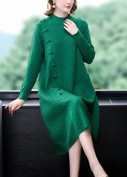 Loose Green Pockets Solid Woolen Sweater Dress Winter