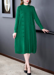 Loose Green Pockets Solid Woolen Sweater Dress Winter