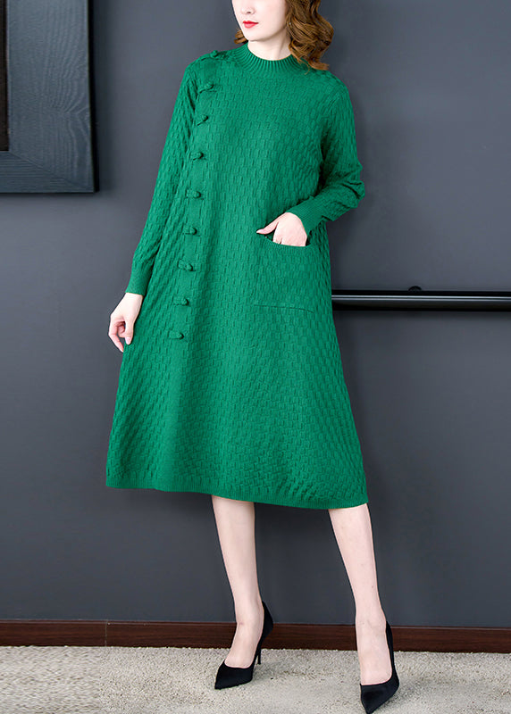 Loose Green Pockets Solid Woolen Sweater Dress Winter