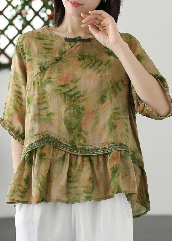 Loose Green Print Button Patchwork Cotton T Shirt Half Sleeve