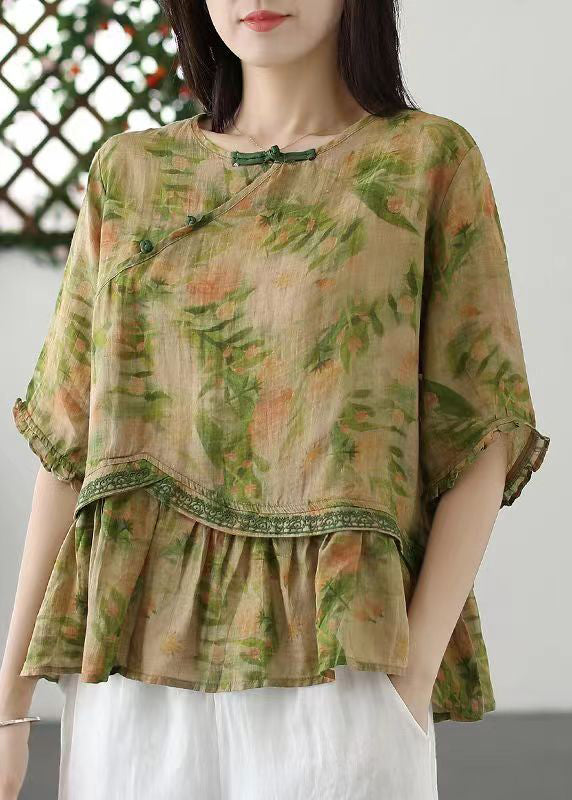 Loose Green Print Button Patchwork Cotton T Shirt Half Sleeve