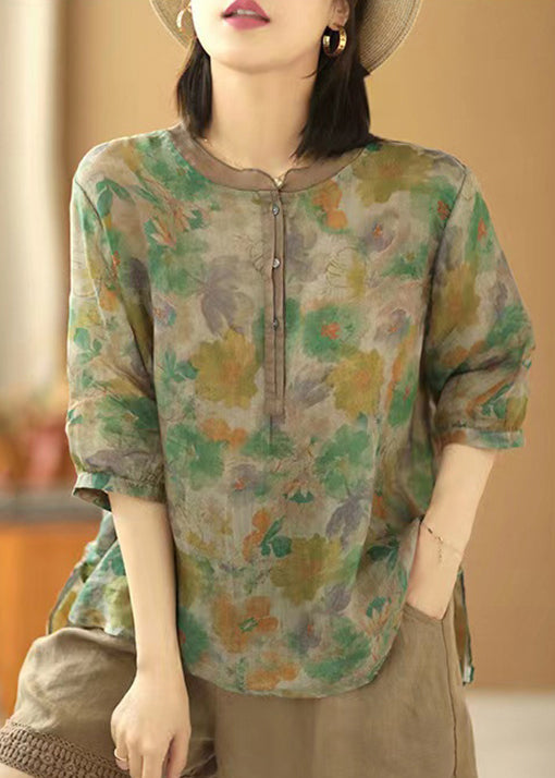 Loose Green Print Button Side Open Linen Shirt Summer