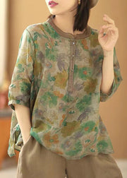 Loose Green Print Button Side Open Linen Shirt Summer