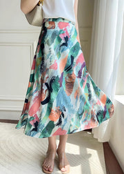 Loose Green Print High Waist Silk Skirt Summer