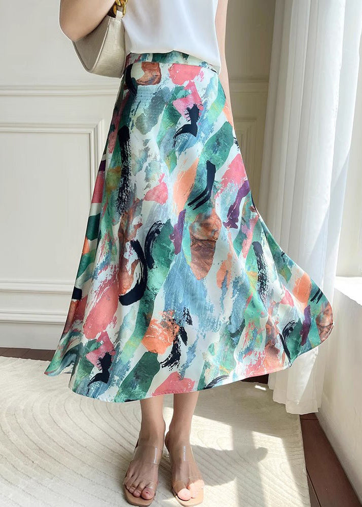 Loose Green Print High Waist Silk Skirt Summer