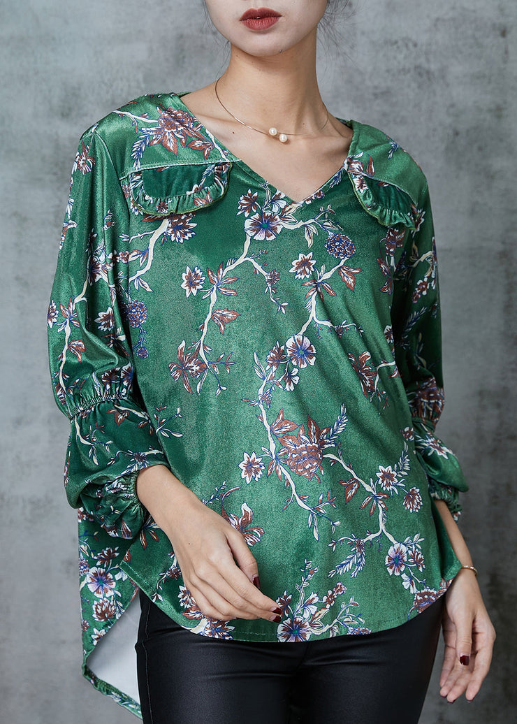 Loose Green Print Low High Design Silk Velour Shirt Spring