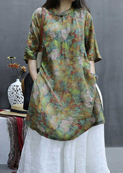 Loose Green Print Side Open Linen Shirts Half Sleeve