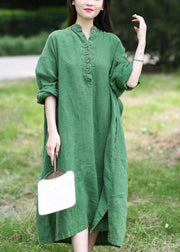 Loose Green Stand Collar Button Pockets Linen Dress Long Sleeve