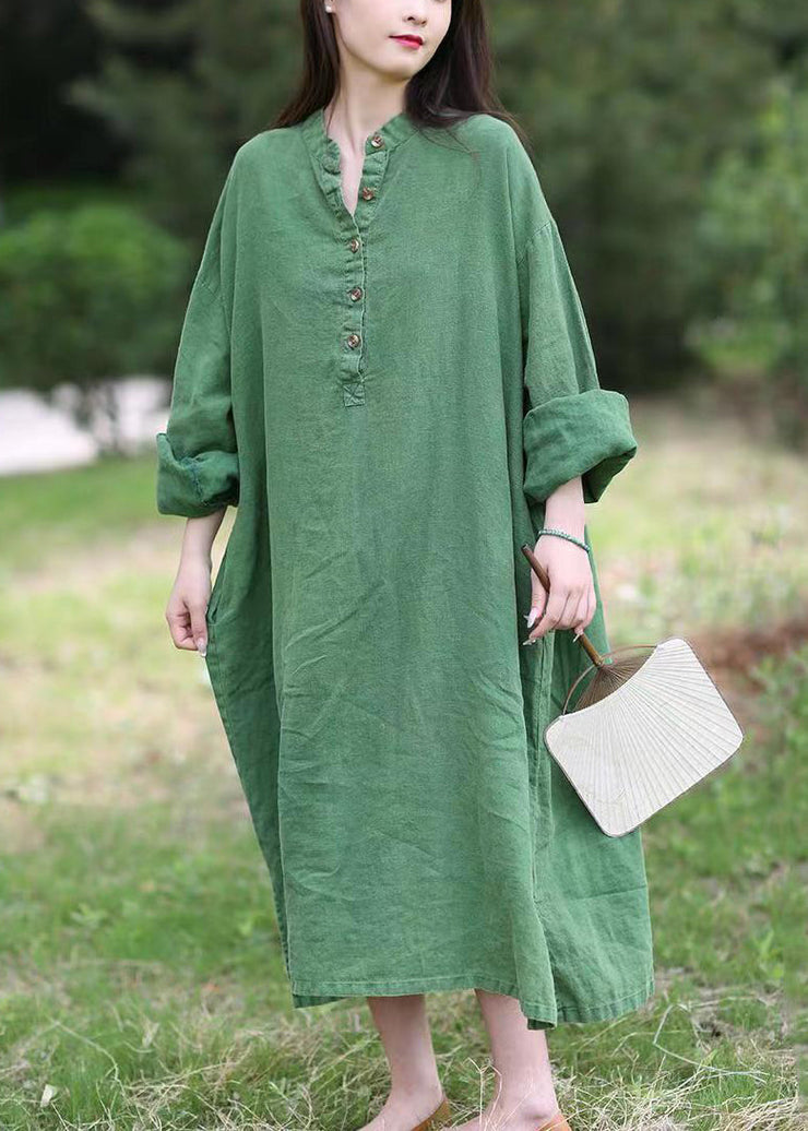 Loose Green Stand Collar Button Pockets Linen Dress Long Sleeve