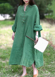 Loose Green Stand Collar Button Pockets Linen Dress Long Sleeve