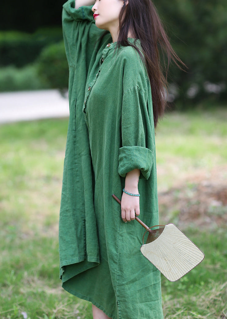 Loose Green Stand Collar Button Pockets Linen Dress Long Sleeve