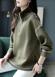 Loose Green Stand Collar Zippered Patchwork Cotton Tops Fall