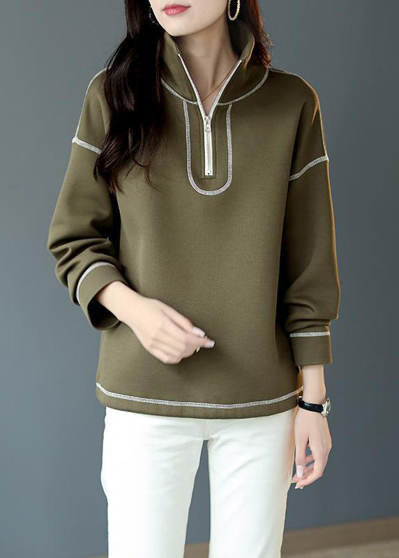 Loose Green Stand Collar Zippered Patchwork Cotton Tops Fall