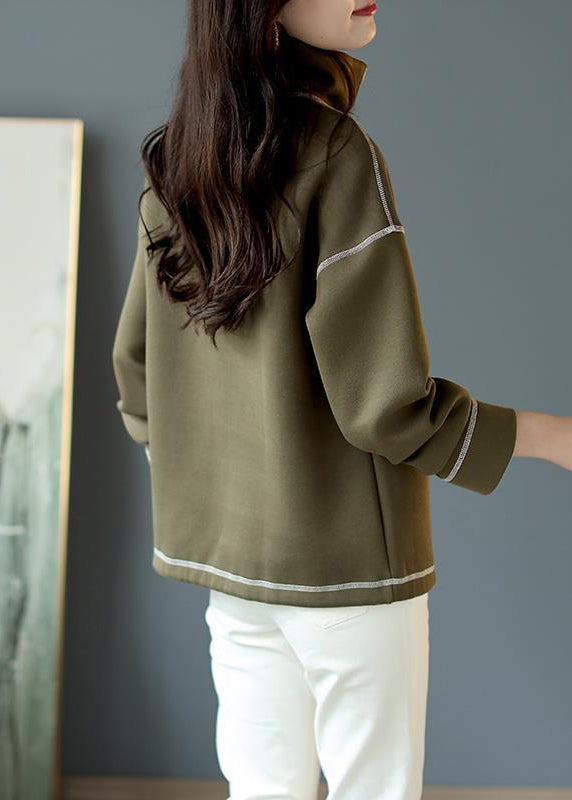 Loose Green Stand Collar Zippered Patchwork Cotton Tops Fall