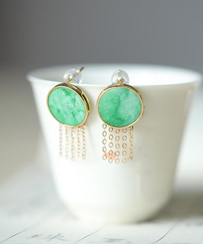 Loose Green Sterling Silver Overgild Jade Tassel Stud Earrings