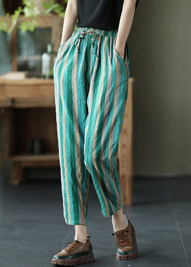 Loose Green Striped Elastic Waist Cotton Harem Pants Summer