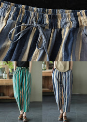 Loose Green Striped Elastic Waist Cotton Harem Pants Summer