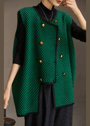 Loose Green Striped O Neck Button Knit Waistcoat Sleeveless